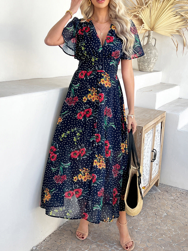 Cali | Floral Polka Dot V-Neck Tummy-Flattering Maxi Dress