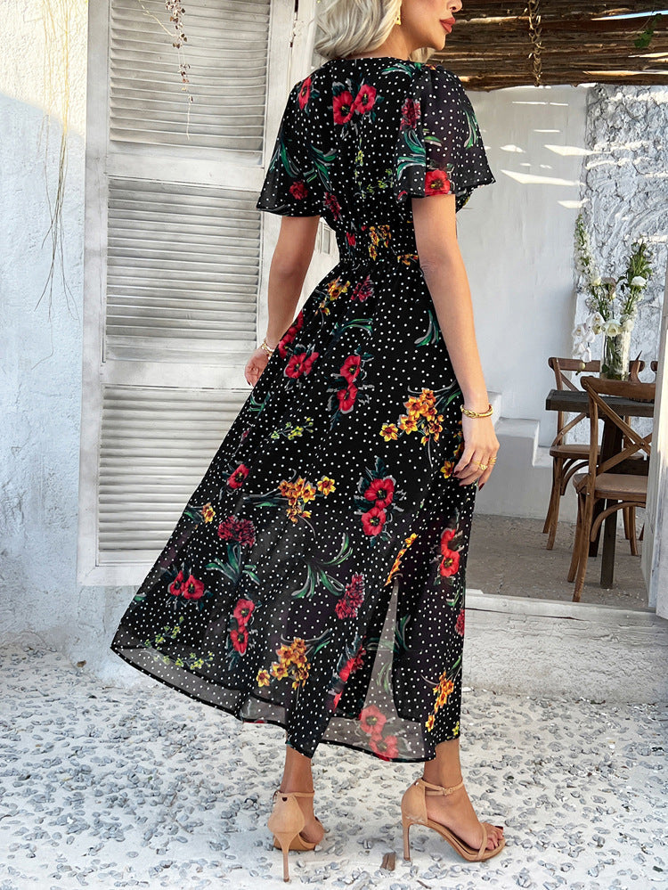 Cali | Floral Polka Dot V-Neck Tummy-Flattering Maxi Dress