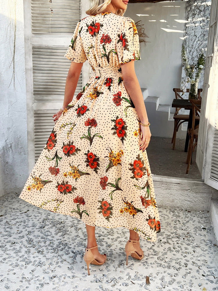 Cali | Floral Polka Dot V-Neck Tummy-Flattering Maxi Dress