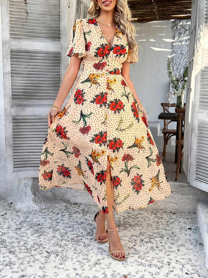Cali | Floral Polka Dot V-Neck Tummy-Flattering Maxi Dress