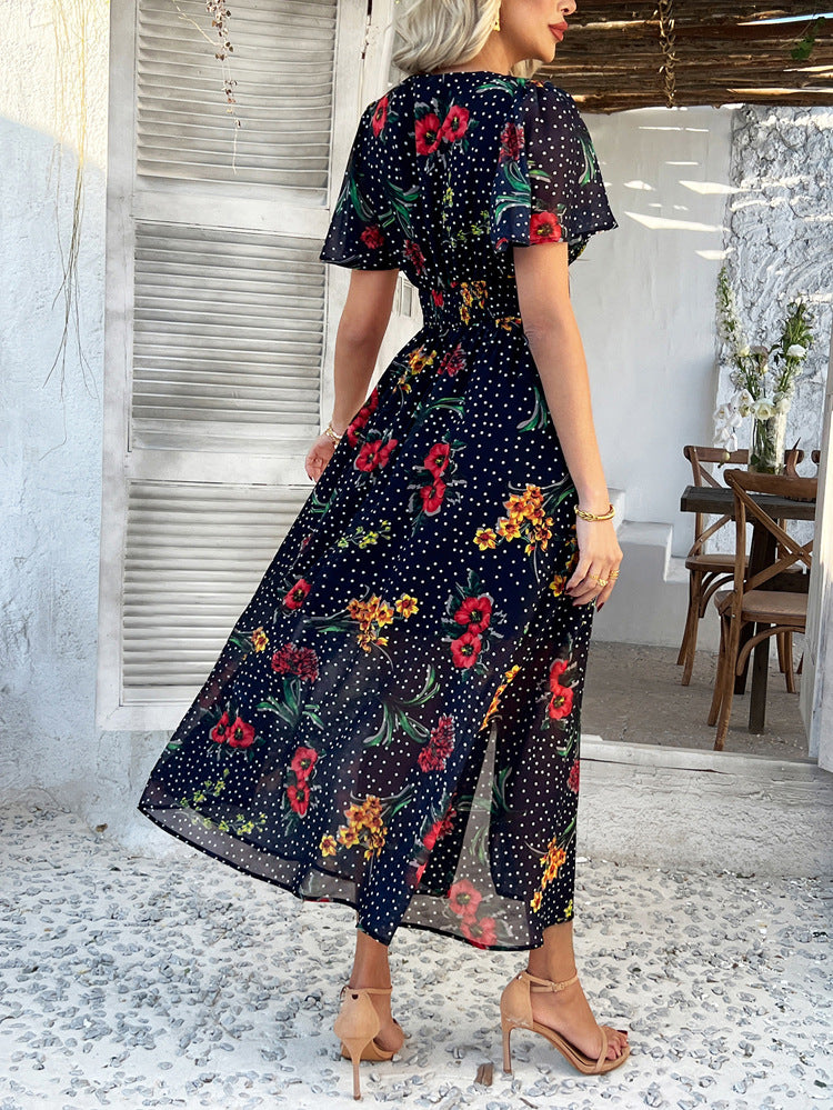 Cali | Floral Polka Dot V-Neck Tummy-Flattering Maxi Dress