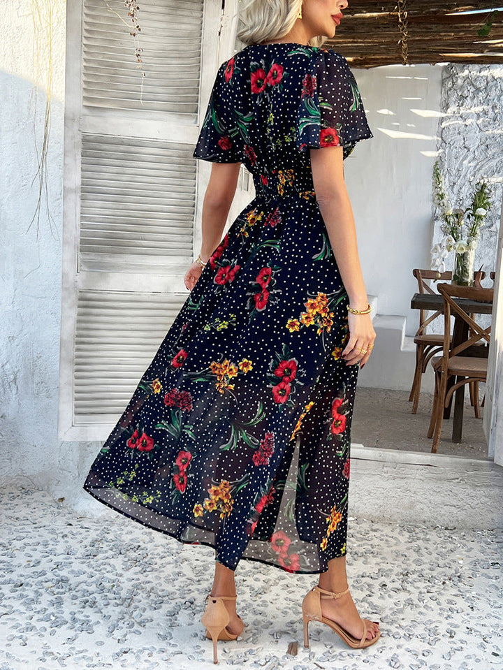 Cali | Floral Polka Dot V-Neck Tummy-Flattering Maxi Dress